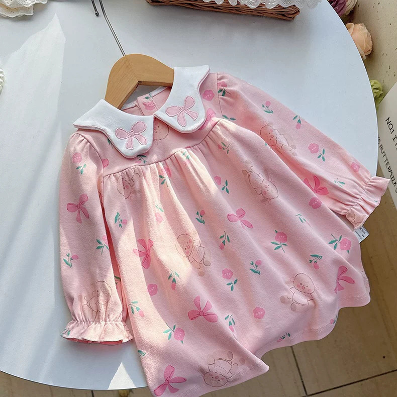 女童连衣裙春秋季甜美纯棉长袖公主裙洋气花瓣领婴幼儿女宝宝裙子