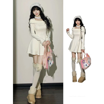 过年千金风穿搭法式连衣裙子女秋冬季搭毛衣裙D4124