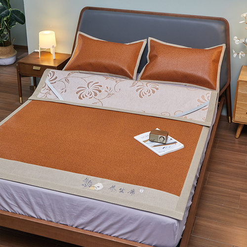 凉席批发刺绣古藤席家用1.5米1.8m可折叠三件套冰丝双面席子藤编