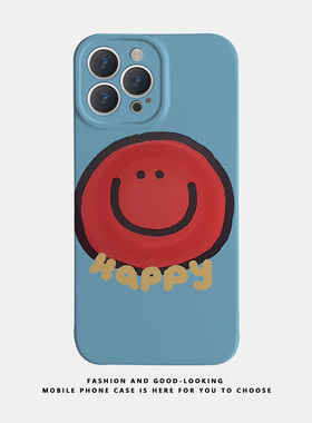 适用华为oppo苹果iqoo荣耀小米iphone17 16promax/15pro/14/13/12/mate70 60情侣手机壳plus手绘蓝底红色笑脸