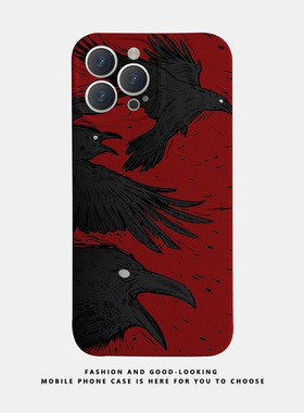 适用华为oppo苹果iqoo荣耀iphone17 15promax/16pro/14/13/12/mate70 60新款情侣手机壳plus抽象红色彩绘乌鸦
