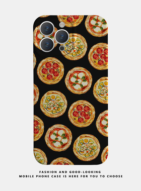 适用苹果华为黑底彩绘披萨iPhone17 15promax13reno9mate40P30/p50新款nova10x90pro荣耀80情侣手机壳iqoo12