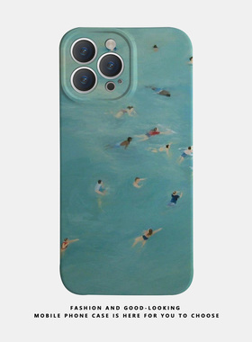 适用苹果oppo华为荣耀iphone17 15promax/14pro/nova10/p50E/mate50/iqoo12新款情侣手机壳蓝色油画泳池游泳
