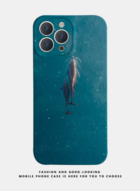 适用苹果oppo华为荣耀iphone17 15promax/14pro/nova10/p50E/mate50/iqoo12新款情侣手机壳彩绘蓝色海中海豚