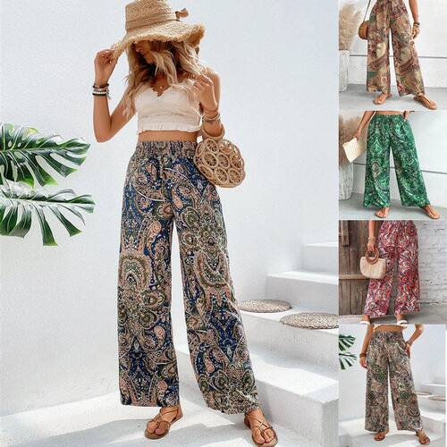 2026 Summer New Fashion Printed Stretch Waist Wide Leg Pants