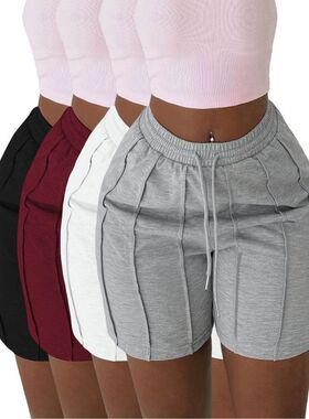 2026 Lady's new summer plain-color pocket drawstring shorts