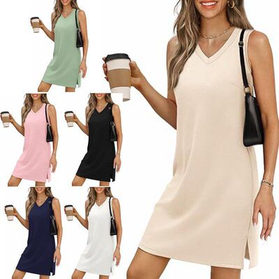 New Style Sleeveless Skirted Frill Plain Color Blouse Dress