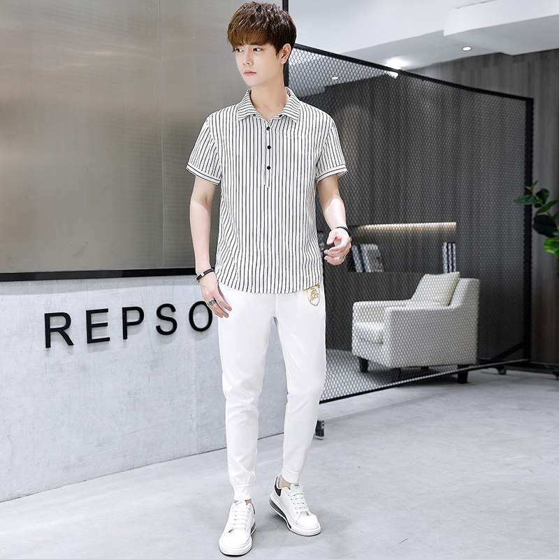 2021男士夏季新款潮牌短袖两件套青年翻领套装4002-5808,男装休闲套装,星座1018