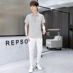 2021男士夏季新款潮牌短袖两件套青年翻领套装4002-5808图片