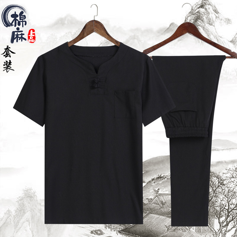 2021跑量款风夏季薄款棉麻休闲盘扣复古短袖套装4002-788图片