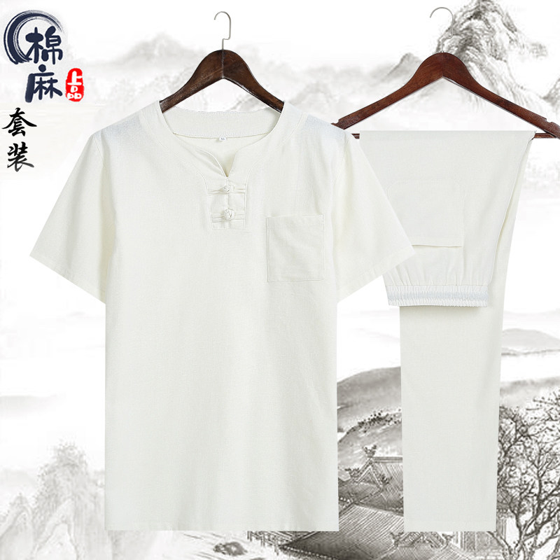 2021男士跑量款风夏季薄款棉麻盘扣复古短袖套装4002-788图片