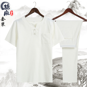 2021男士跑量款风夏季薄款棉麻盘扣复古短袖套装4002-788图片