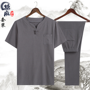 2021跑量款风夏季薄款棉麻休闲盘扣复古短袖套装4002-788图片