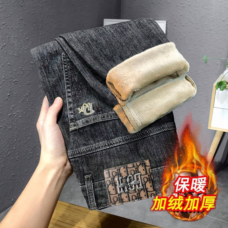 爆款潮流加绒加厚黑色裤子2025秋冬新款牛仔裤男修身小脚休闲男裤