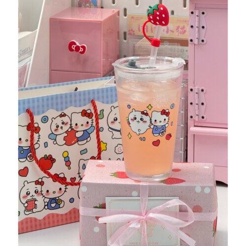 生日礼物送朋友实用创意可爱吸管杯吉伊卡哇HelloKitty加厚玻璃杯