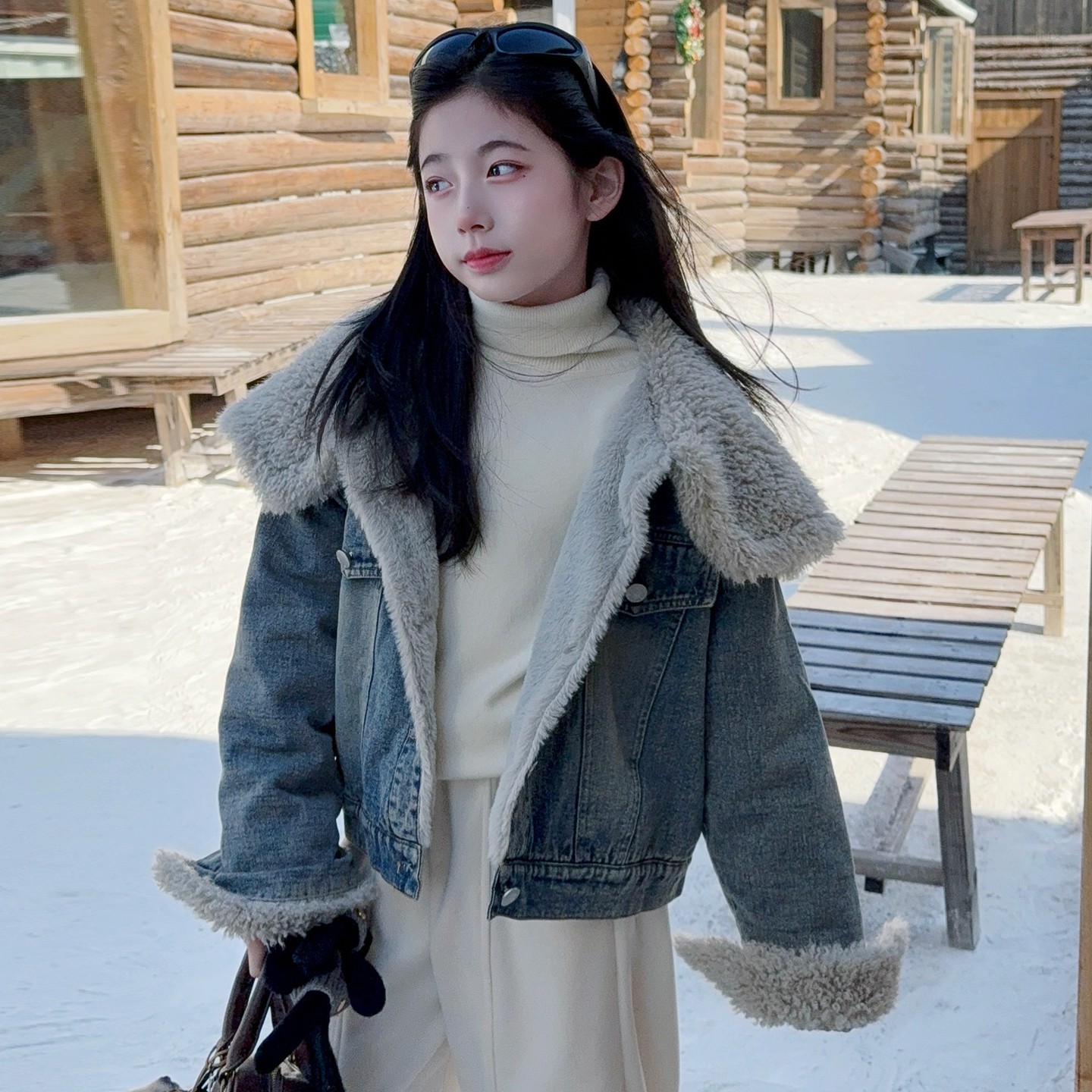 女童冬季加绒牛仔大翻领外套