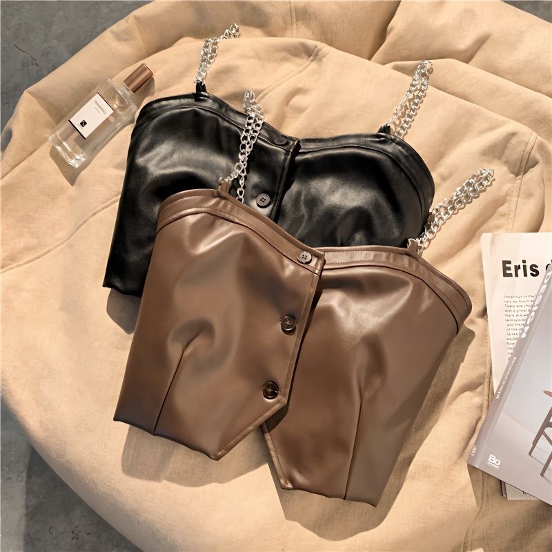 女童链条吊带背心2025秋新款儿童叠穿短款单排扣PU皮马甲潮酷童装