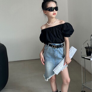 女童短袖一字肩上衣ins儿童黑色短款T恤2025夏新款小女孩套头衫潮