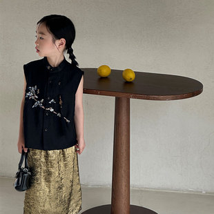 国风刺绣梅花无袖 儿童新中式 背心上衣金色半身裙 汉服套装 女童夏季