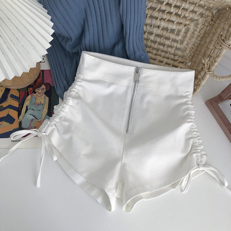 女童夏季抽绳白色短裤儿童高腰纯色半松紧腰拉链裤子亲子时髦热裤