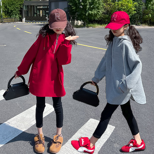 女童中长款休闲卫衣儿童秋冬加绒加厚连帽衫女孩灰色侧开叉套头衫