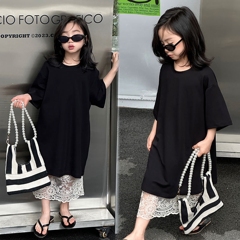 韩系童装女童黑色长款T恤套装儿童简约短袖上衣蕾丝直筒半身长裙