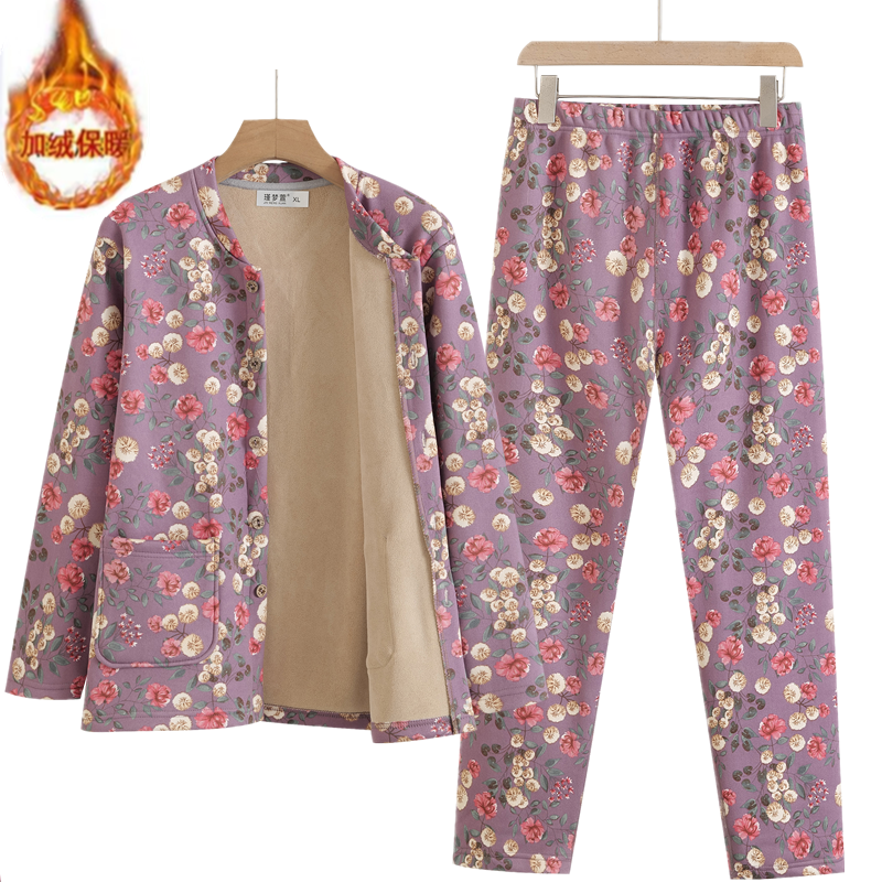 中老年加绒保暖裤女高腰宽松大码碎花妈妈加厚开衫保暖套装睡裤