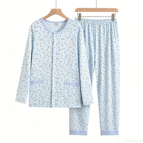 中老年人纯棉家居服睡衣套装女全棉太太妈妈对襟开衫针织长袖春夏