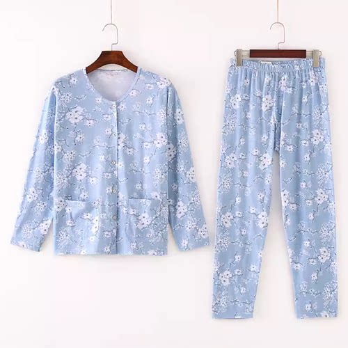 中老年纯棉家居服套装女士春夏开衫长袖长裤加大码薄款老人睡衣裤
