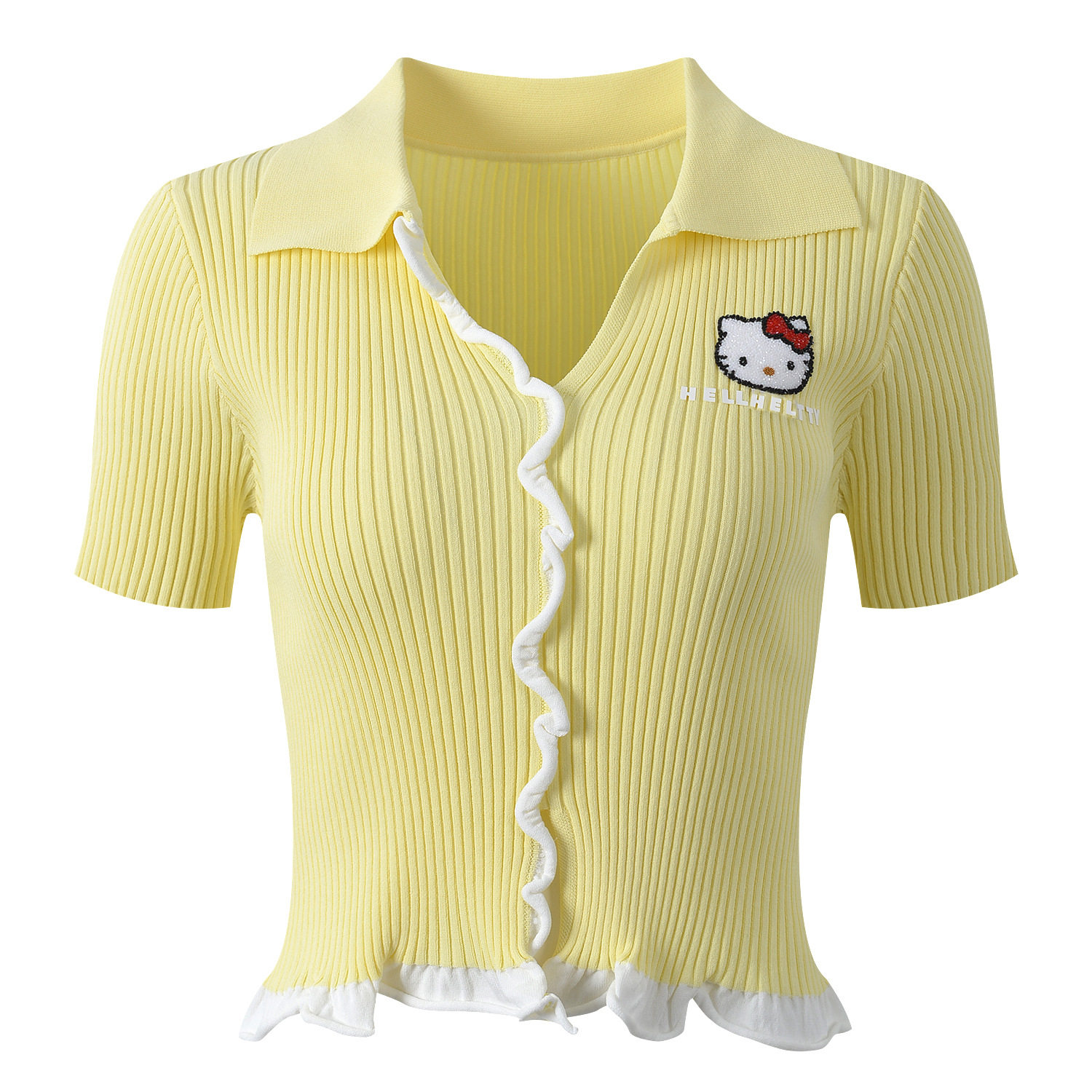 maSande2026夏季新款设计感撞色荷叶边拼接刺绣装饰翻领短款针织