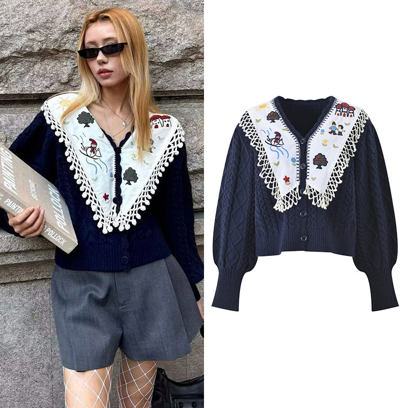 maSande2025秋季新款童趣减龄刺绣娃娃领泡泡袖短款针织毛衣开衫