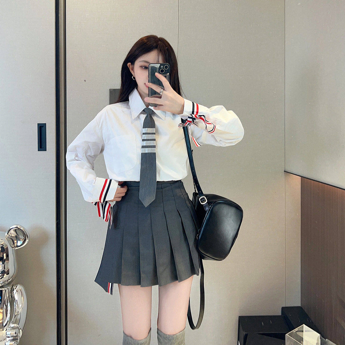 maSande2025秋季新款袖口彩条学院风衬衣TB牛津纺衬衫女设计感上