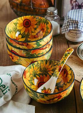 向日葵-5英寸米饭碗送汤勺釉下彩高颜值陶瓷日常碗家用餐具民族HX