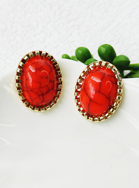 vitage复古耳饰红色椭圆形彩宝色耳夹无耳洞耳环耳钉女C037
