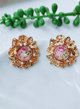 中古粉色宝石耳饰花朵银针耳钉法式优雅气质高级宫廷风耳环女C294