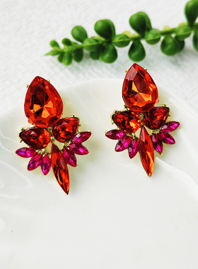 欧美彩钻奢华耳饰重工耳环复古宫廷风几何耳钉红色宝石C040