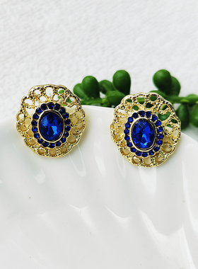 蓝色宝石椭圆耳饰法式轻奢小众耳环复古宫廷风几何银针耳钉C034