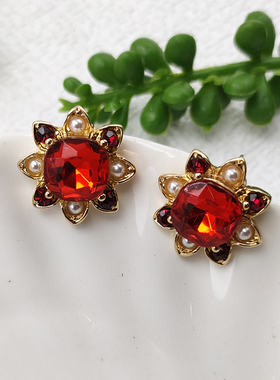 中古vintage复古宫廷风耳环百搭耳钉耳坠轻奢高级感红色耳饰B852