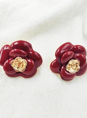 酒红色山茶花耳饰中古Vintage银针珐琅小香风温柔耳环C251