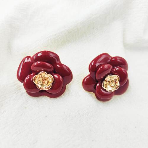 酒红色山茶花耳饰中古Vintage银针珐琅小香风温柔耳环C251