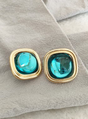 古董vintage小香风中古几何琥珀蓝色耳夹复古无耳洞耳饰女585