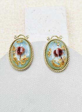 复古宫廷耳饰真花金箔果冻琉璃耳钉精致款银针时尚气质C196