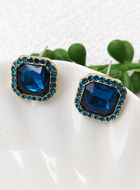 中式复古蓝色玻璃耳饰轻奢小众高级感正方形银针耳钉耳夹B894