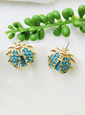 新款蓝色甲壳虫耳饰水钻合金百搭银针时尚个性可爱飘虫动物C092