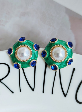 耳环新款潮复古银针耳钉高级古董珐琅绿色滴油珍珠个性潮女B298