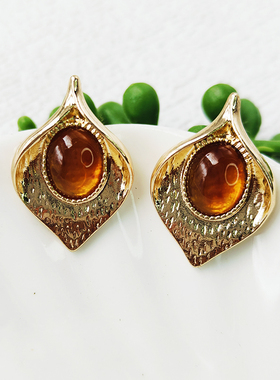 中古vintage耳饰古董宫廷百搭耳环黄色宝石树叶造型耳钉C051