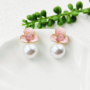 轻奢珐琅滴釉耳环树叶珍珠耳钉女士新中式 宫廷风耳饰C427