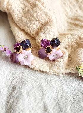 银针紫色花朵水晶耳钉女气质简约甜美玫瑰花耳饰日韩版配饰品379