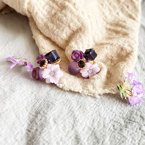 紫色花朵水晶甜美风耳钉