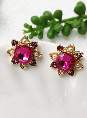 中古vintage复古宫廷风耳环百搭耳钉耳坠轻奢高级感粉色耳饰B852